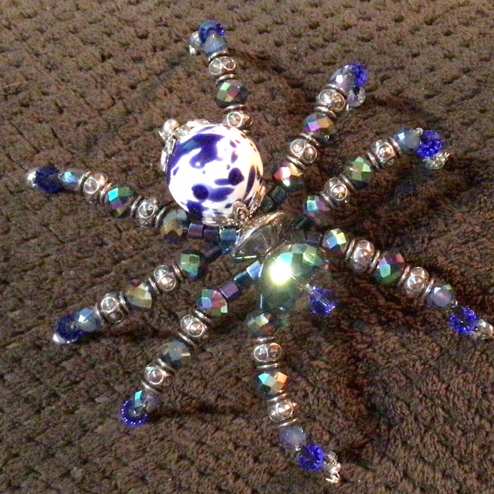 Blue and Silver Beaded Spider Ornament
